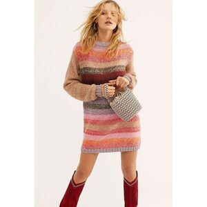 NEW FREE PEOPLE Sz M BRIGHT IT UP MINI SWEATER DRESS STRIPED PULLOVER TUNIC